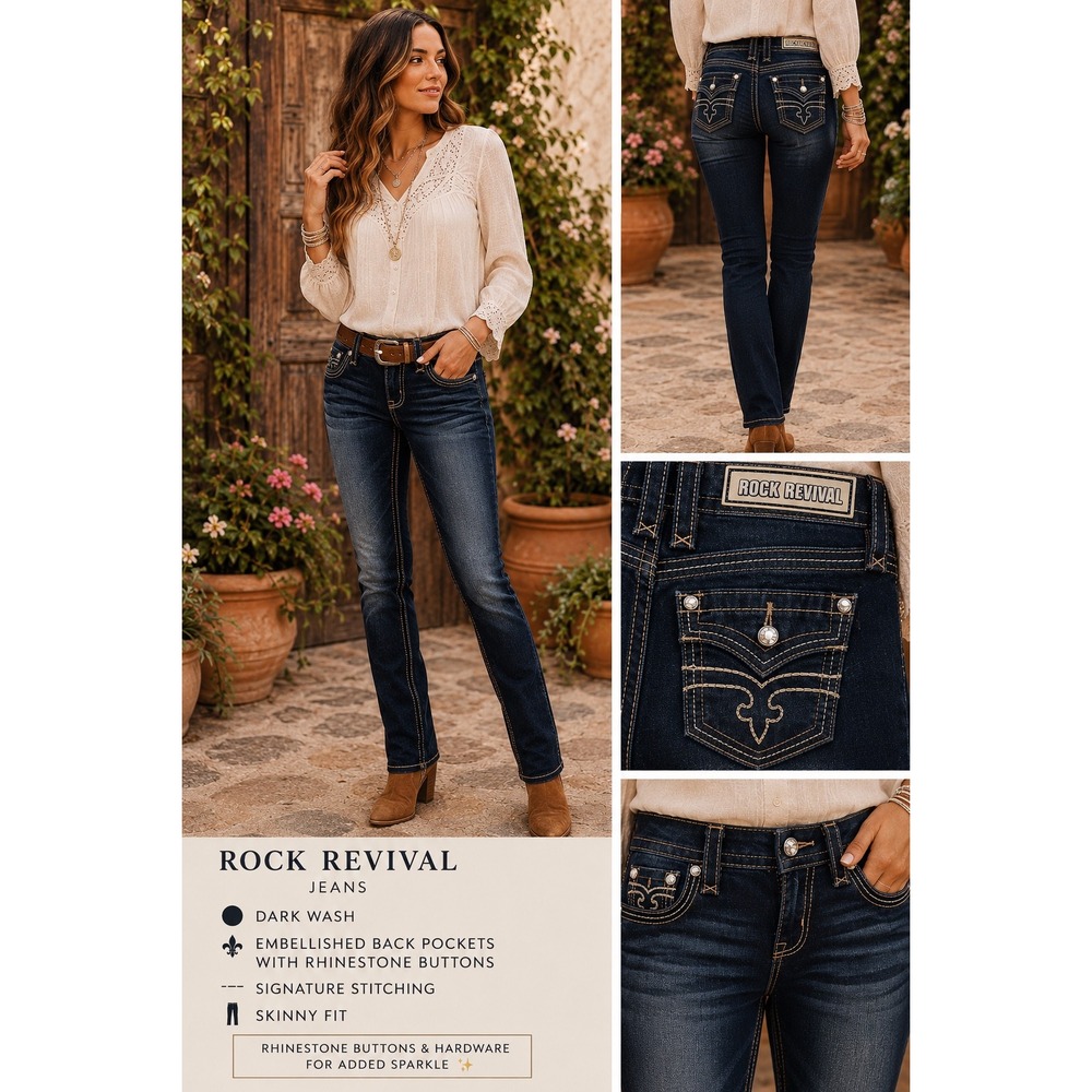 Rock Revival Skinny Jeans Dark Wash Embellished Back Pockets Signature Stitching